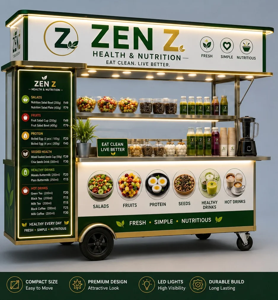 Front view of the ZEN Z trolley kiosk: lit signage canopy, priced menu panel, two service shelves and a product display along the counter