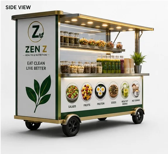 Side view of the same ZEN Z trolley kiosk, showing its length, wheels and branded side panel