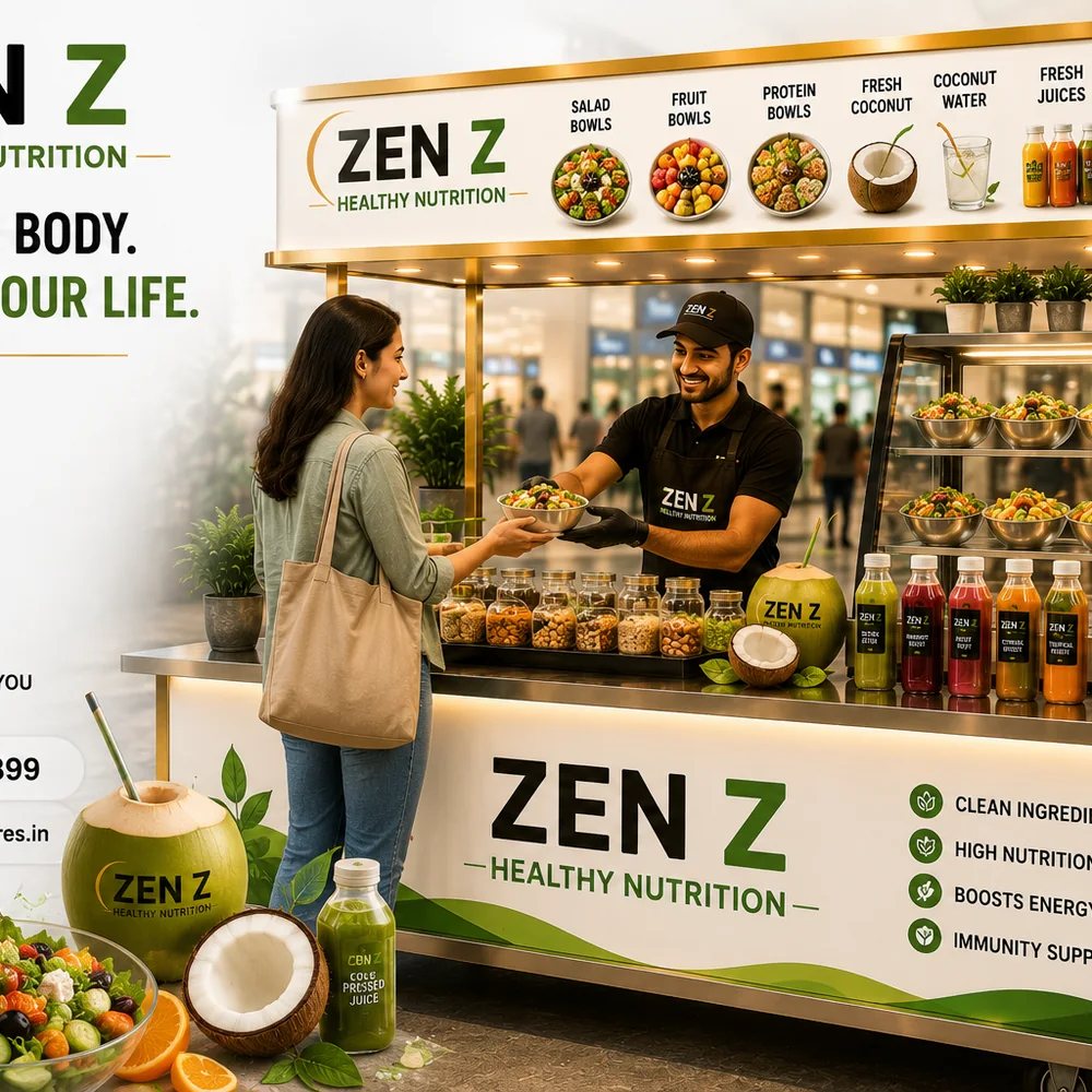 ZEN Z healthy nutrition trolley serving fresh bowls, juices and coconut water