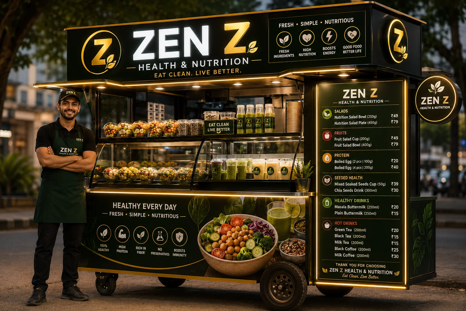 Premium ZEN Z health and nutrition food trolley with its operator