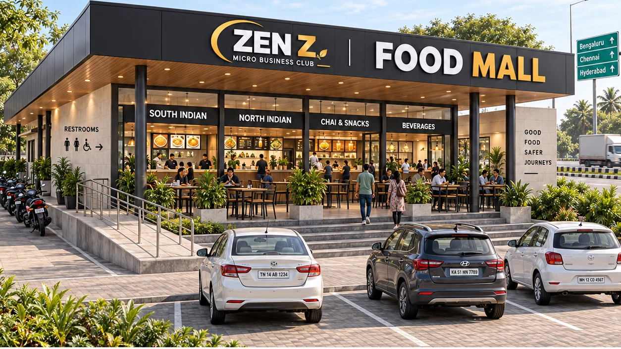 Architectural concept of a ZEN Z highway food mall: glass-fronted food hall with counters, shared seating and a car park in front