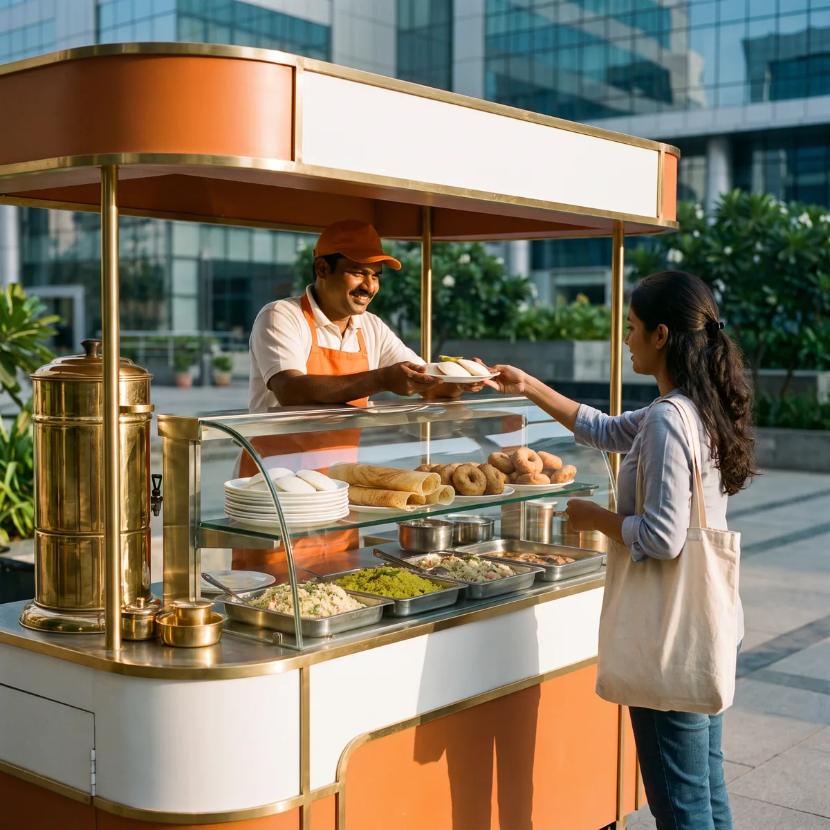 The ZEN Z Breakfast Express trolley kiosk serving idli and dosa