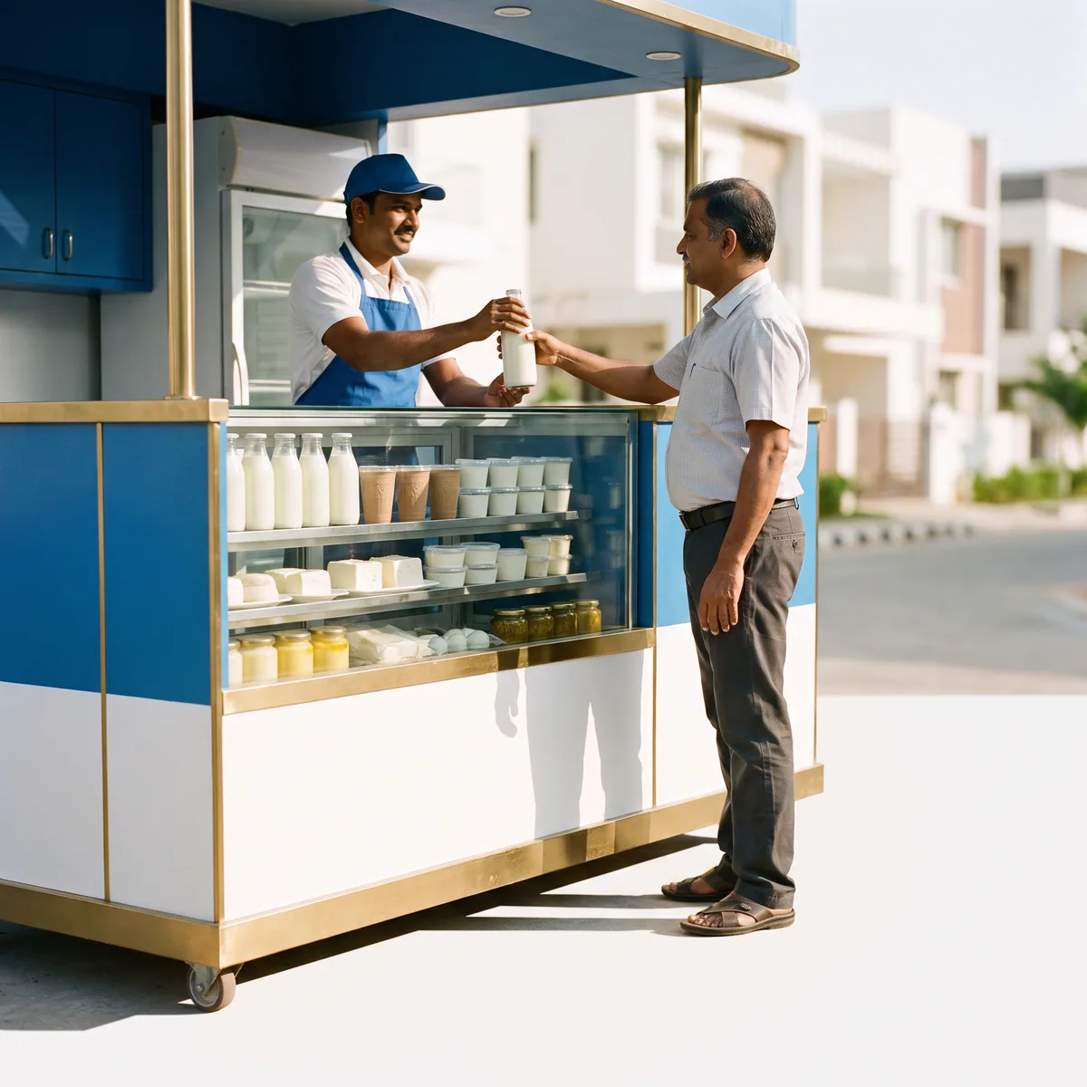 The ZEN Z Dairy Fresh trolley kiosk selling milk, lassi and paneer
