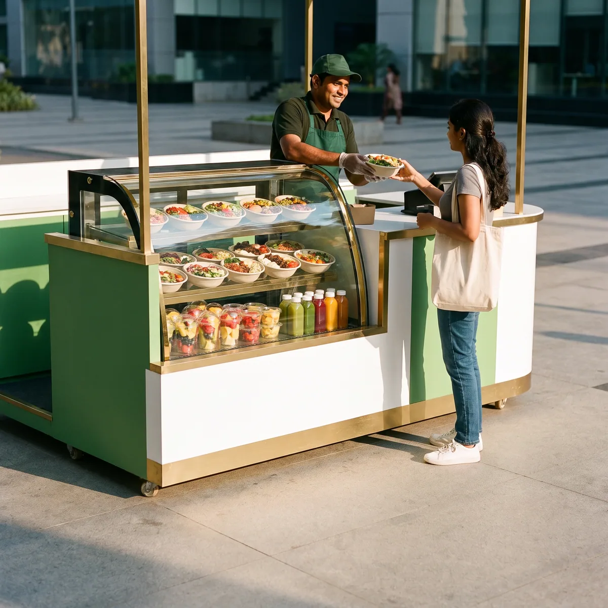 A ZEN Z Health and Nutrition trolley stocked with fruit and juices