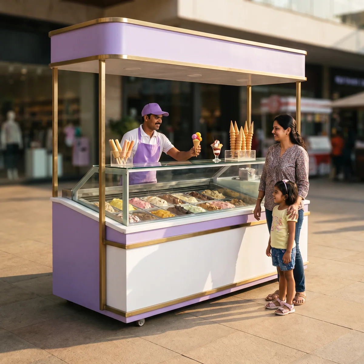 The ZEN Z Ice Cream and Desserts trolley kiosk serving scoops and sundaes