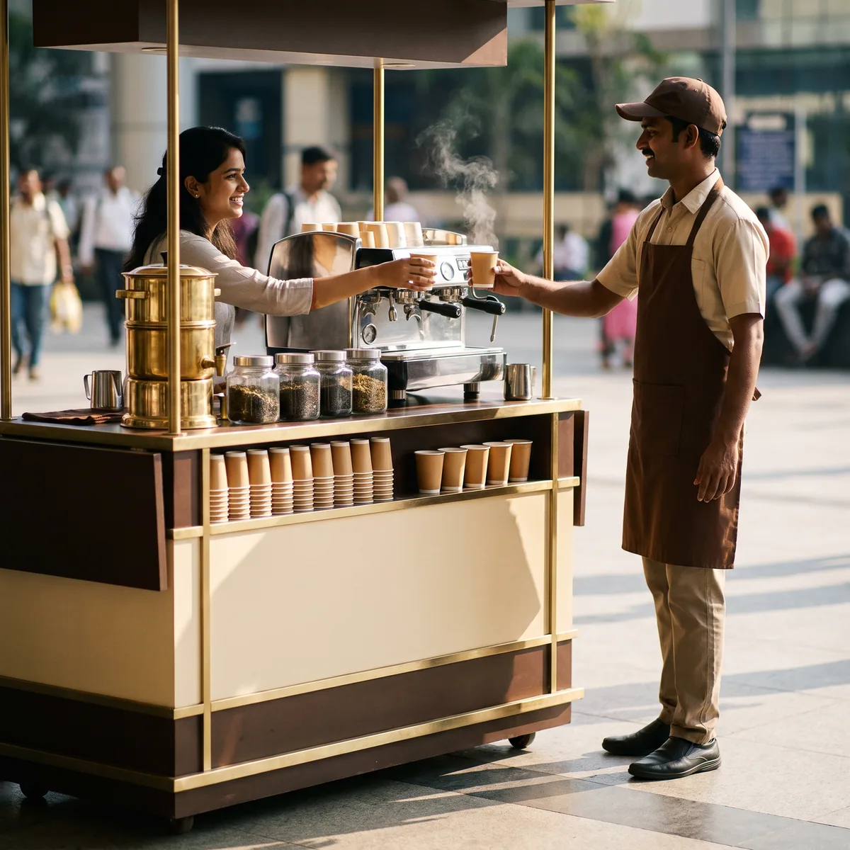 A ZEN Z tea and coffee trolley with its operator at the counter